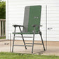 Dark green folding high-back chair with armrests and labeled dimensions