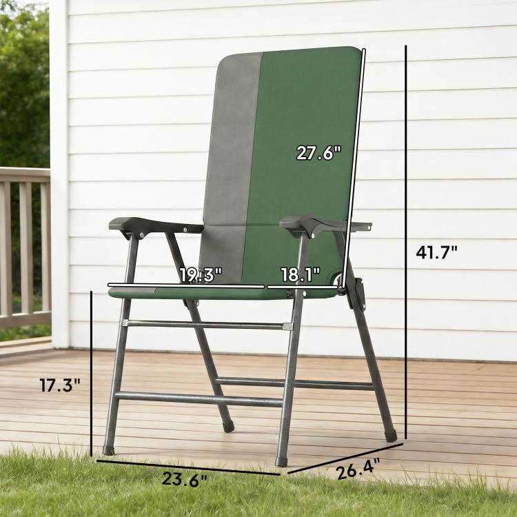 Dark green folding high-back chair with armrests and labeled dimensions