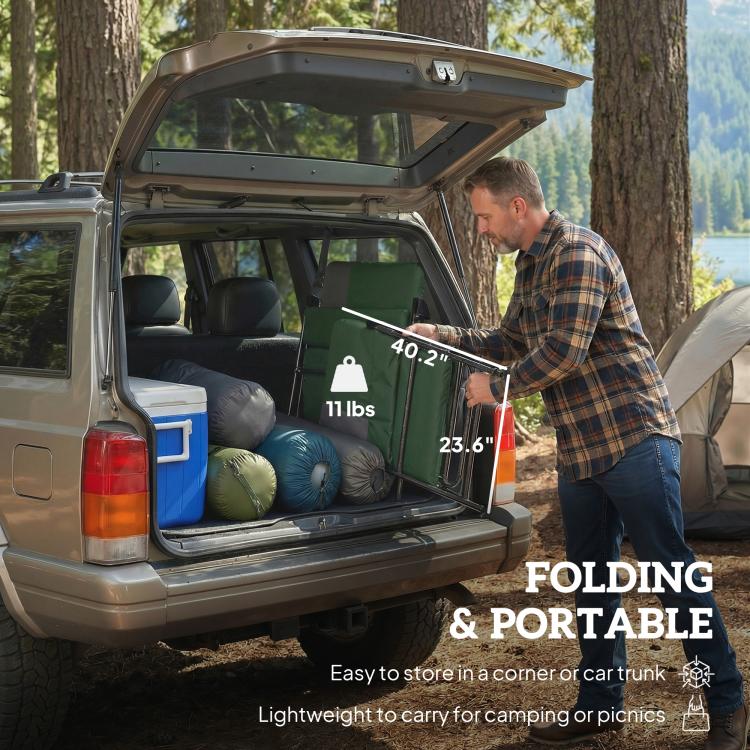 Dark green folding chair stored in a car trunk with cushioning visible