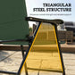 Triangular steel support detail on dark green folding high-back chair