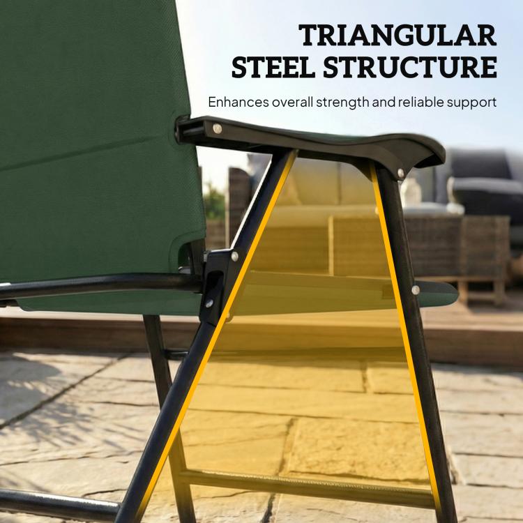 Triangular steel support detail on dark green folding high-back chair
