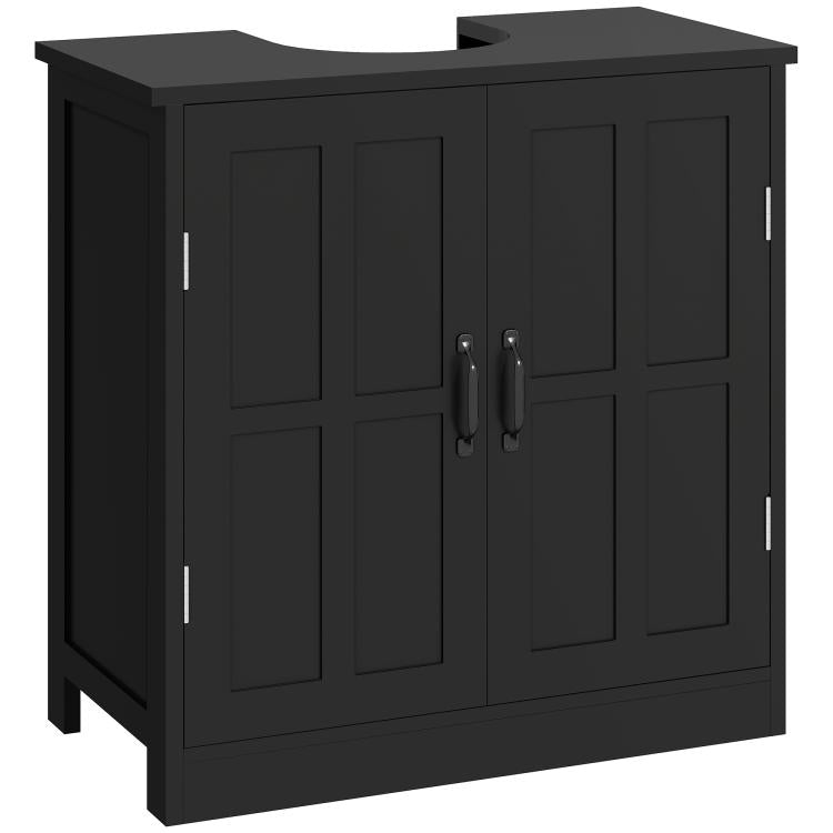Black bathroom sink cabinet with two paneled doors and central double handles