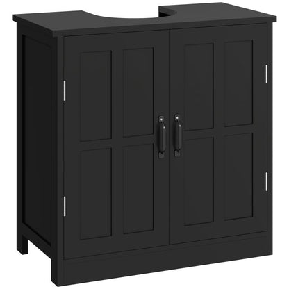 Black bathroom sink cabinet with two paneled doors and central double handles