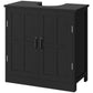 Black bathroom sink cabinet with two hinged doors, silver handles, and flat top