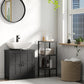 Black bathroom sink cabinet with double doors and silver handles