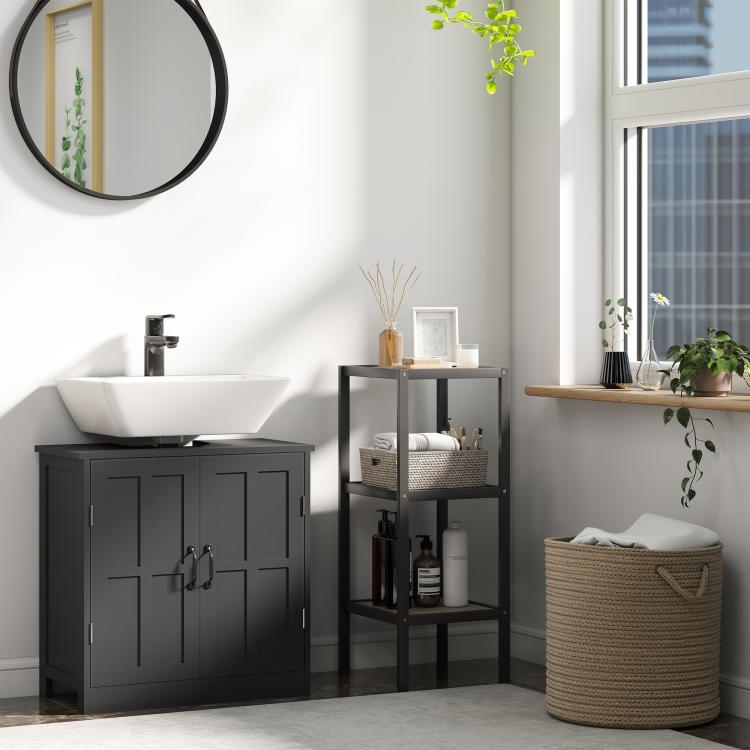 Black bathroom sink cabinet with double doors and silver handles