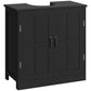 Black pedestal sink cabinet with paneled doors and vertical bar handles