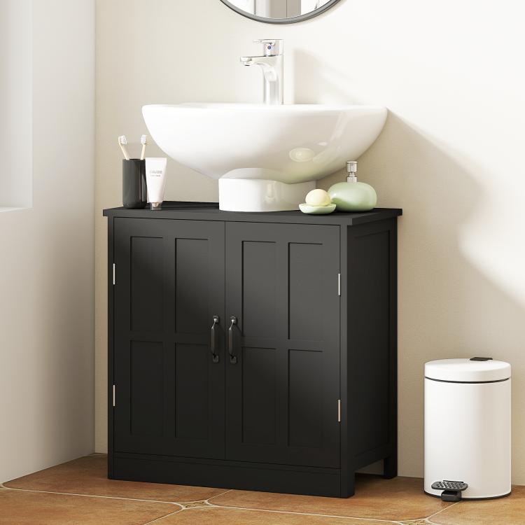 Black bathroom sink cabinet with paneled doors and central metal handle set