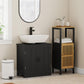 Black vanity sink cabinet with paneled doors and metal handles under a countertop sink