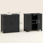 Black bathroom sink cabinet with adjustable shelf, shown front and side views