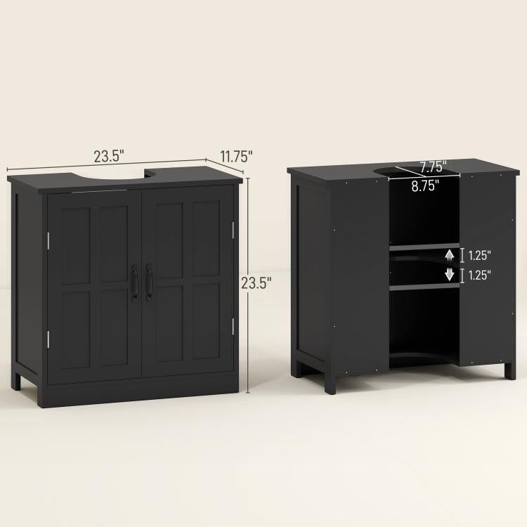 Black bathroom sink cabinet with adjustable shelf, shown front and side views
