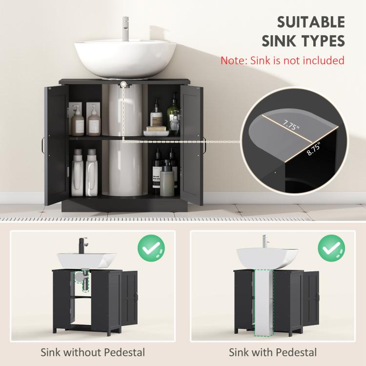 Black bathroom sink cabinet with two doors and open interior storage with adjustable shelf