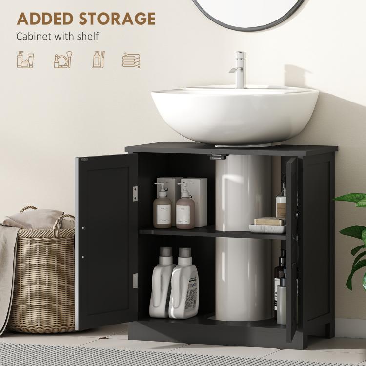 Black sink cabinet with open side compartment for storage behind hinged doors