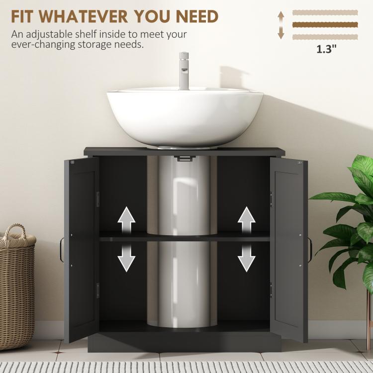 Black bathroom sink cabinet with adjustable interior shelf and doors open for storage