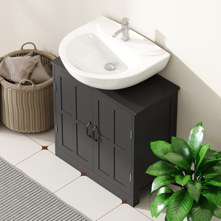 Black bathroom sink cabinet with paneled doors, central handles, and a countertop basin