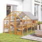 Outdoor wooden cat house with gray canopy, wire mesh enclosure, ramps, and resting areas