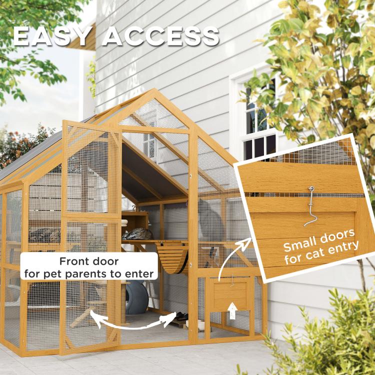 Wooden cat enclosure with front access door and small cat entry door to the interior