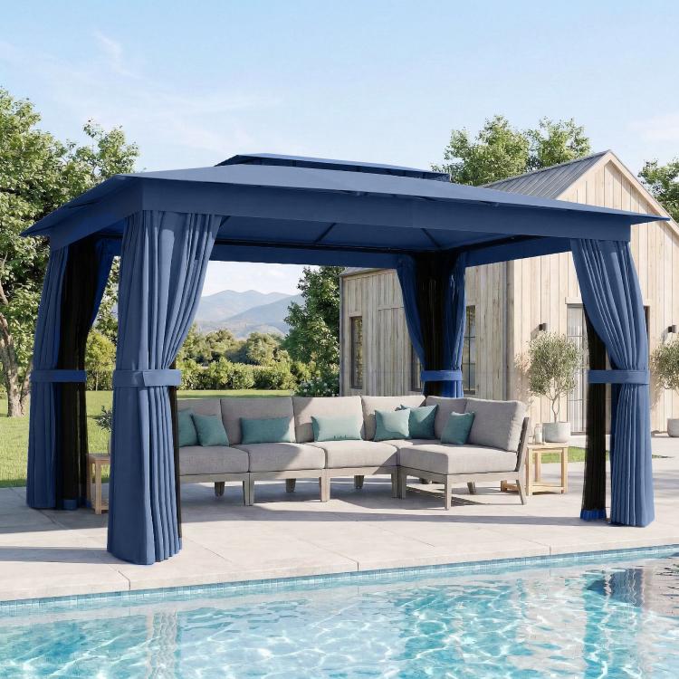Outdoor patio gazebo with blue canopy top and hanging side curtains over an open frame