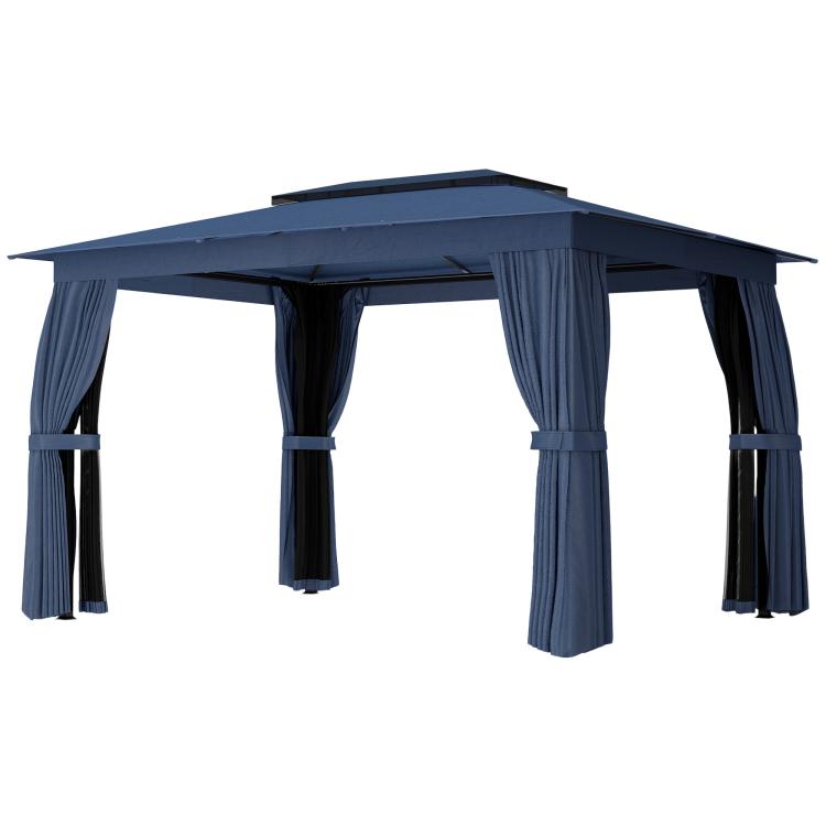 Blue patio gazebo canopy with four support posts and tied hanging curtains