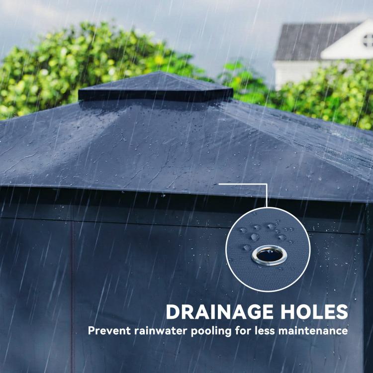 Blue soft-top patio gazebo canopy with drainage holes detail