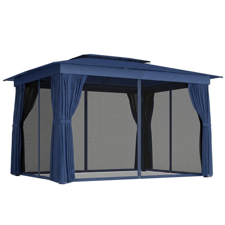 Blue outdoor patio gazebo with soft top, side curtains, and mesh panels