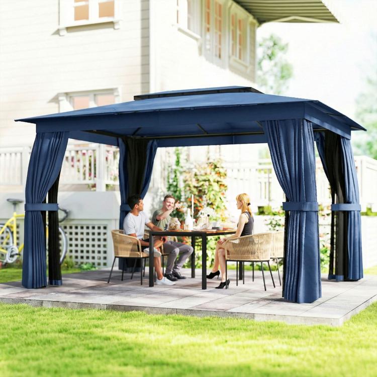 Outdoor gazebo canopy with blue curtains and open center for patio seating