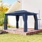 Blue patio gazebo with soft canopy top, side curtains, and measurements shown