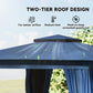 Blue two-tier roof gazebo canopy with hanging curtains at the sides