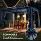 Blue gazebo with top hooks under the canopy and hanging lights inside