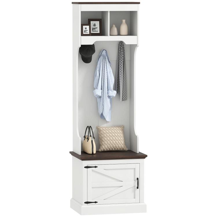 White entry hall tree with top shelf, coat hooks, and lower cabinet bench