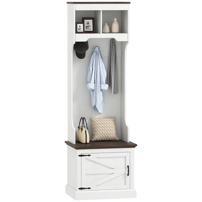 White entry hall tree with top shelf, coat hooks, and lower cabinet bench