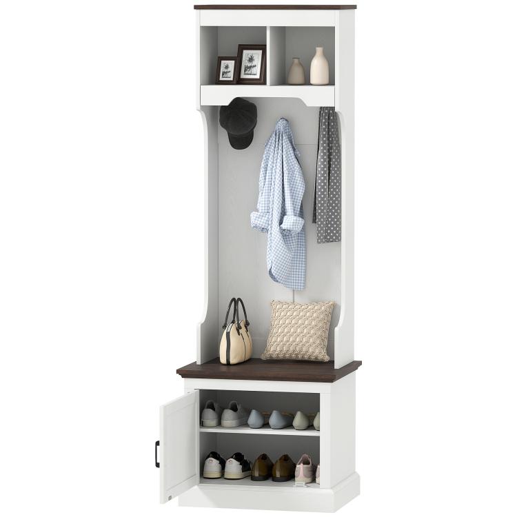 White hall tree entryway organizer with open shoe cabinet and hanging coat rack