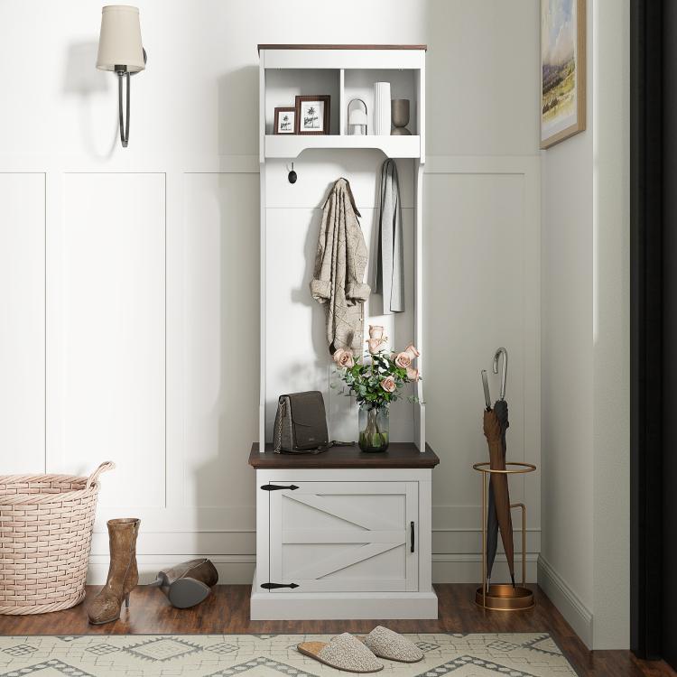 White entryway hall tree with bench, five coat hooks, and shoe storage cubbies