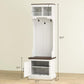 White hall tree size diagram with top shelf, coat hooks, and shoe storage bench