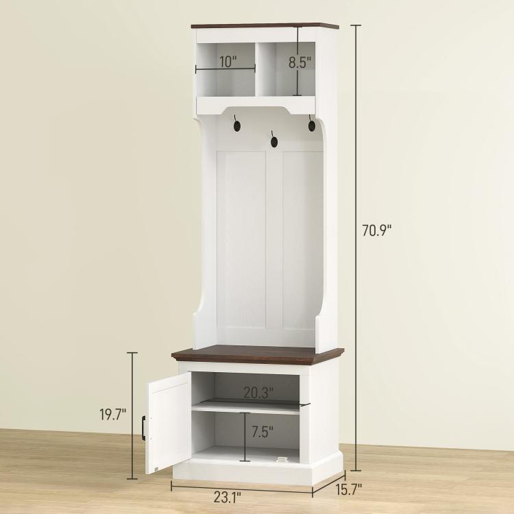 White hall tree size diagram with top shelf, coat hooks, and shoe storage bench