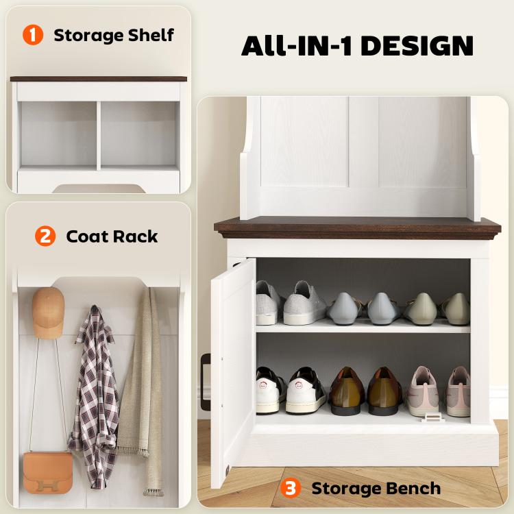 White hall tree all-in-one design showing storage shelf, coat rack, and bench