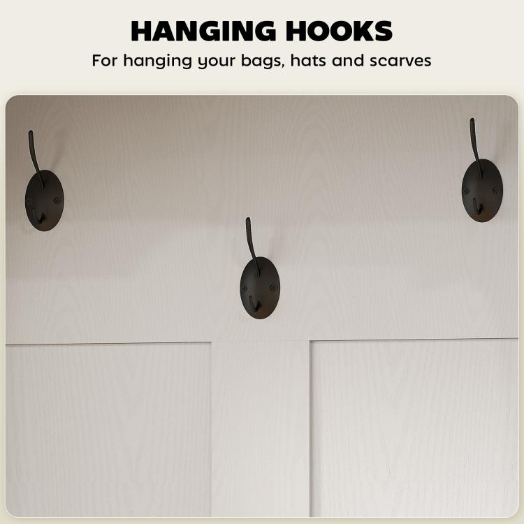 White entry hall tree with five hanging hooks for coats, bags, and scarves