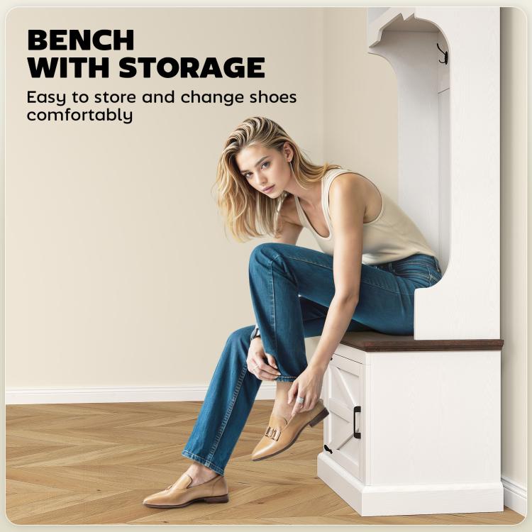 White hall tree bench with hinged storage door and top coat rack