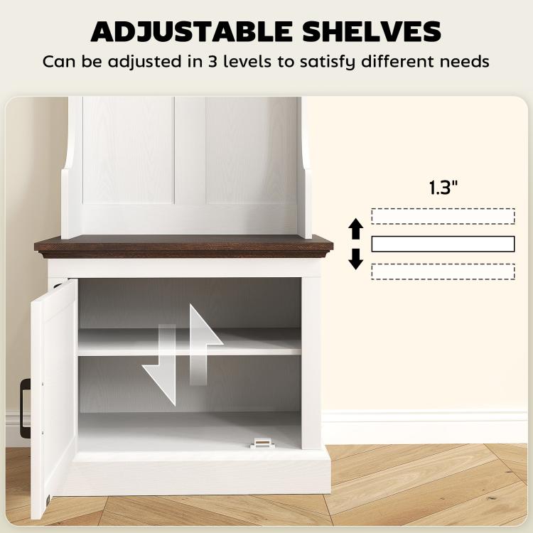 White hall tree adjustable shelf inside lower shoe storage cabinet