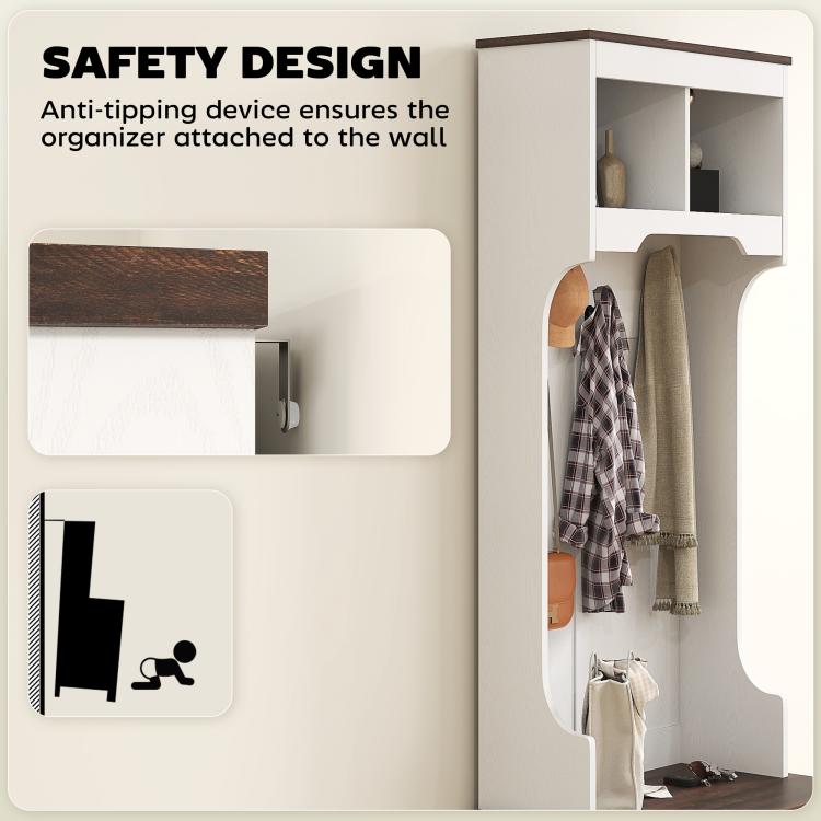 White hall tree with anti-tip safety design and wall-mount attachment