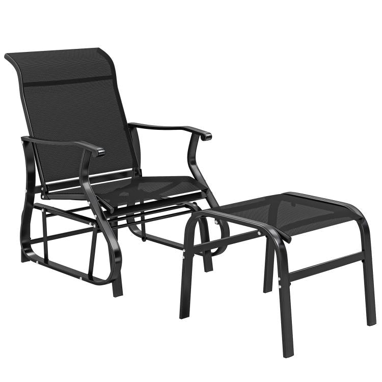 Black patio glider chair with ottoman, wide seat and curved armrests