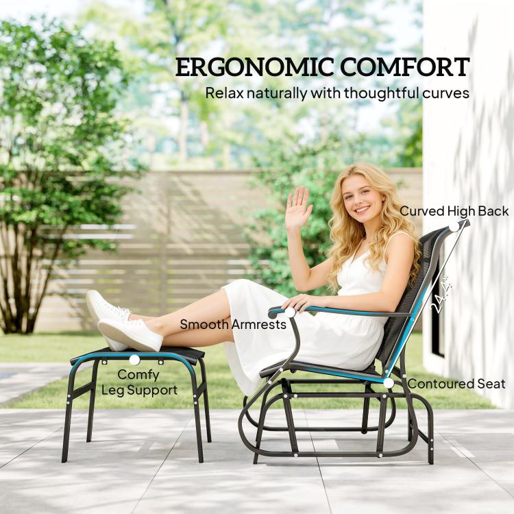 Black ergonomic outdoor glider chair with contoured seat and ottoman