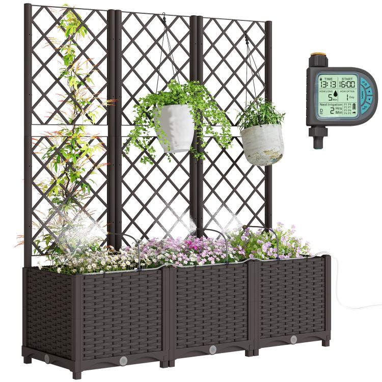 Self-watering raised planter bed with dark trellis and potted plants, includes irrigation timer