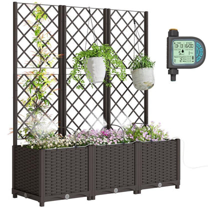 Self-watering raised planter bed with dark trellis and potted plants, includes irrigation timer
