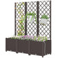 Raised garden planter with trellis panels and flowers, with attached irrigation timer