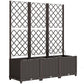 Raised self-watering planter bed with dark brown woven sides and diamond lattice trellis