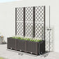 Raised garden planter bed with tall trellis, dark woven panels, and wheels