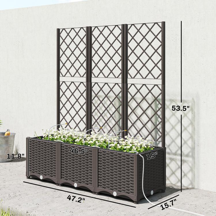 Raised garden planter bed with tall trellis, dark woven panels, and wheels