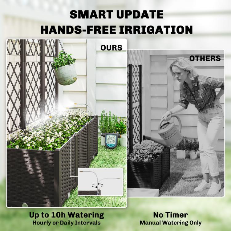 Self-watering planter setup with LCD irrigation timer and hose connection