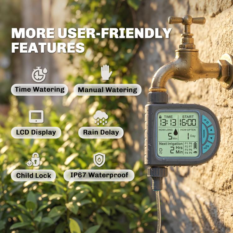 LCD irrigation timer for self-watering planter with weatherproof display on outdoor faucet